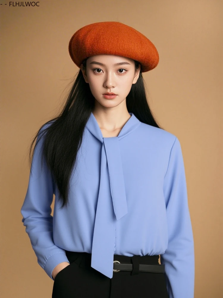 

Корейские офисные женские пригородные топы, блузки, новые модные женские осенние рубашки с длинным рукавом, элегантный европейский стиль, галстук-бабочка, синие базовые рубашки