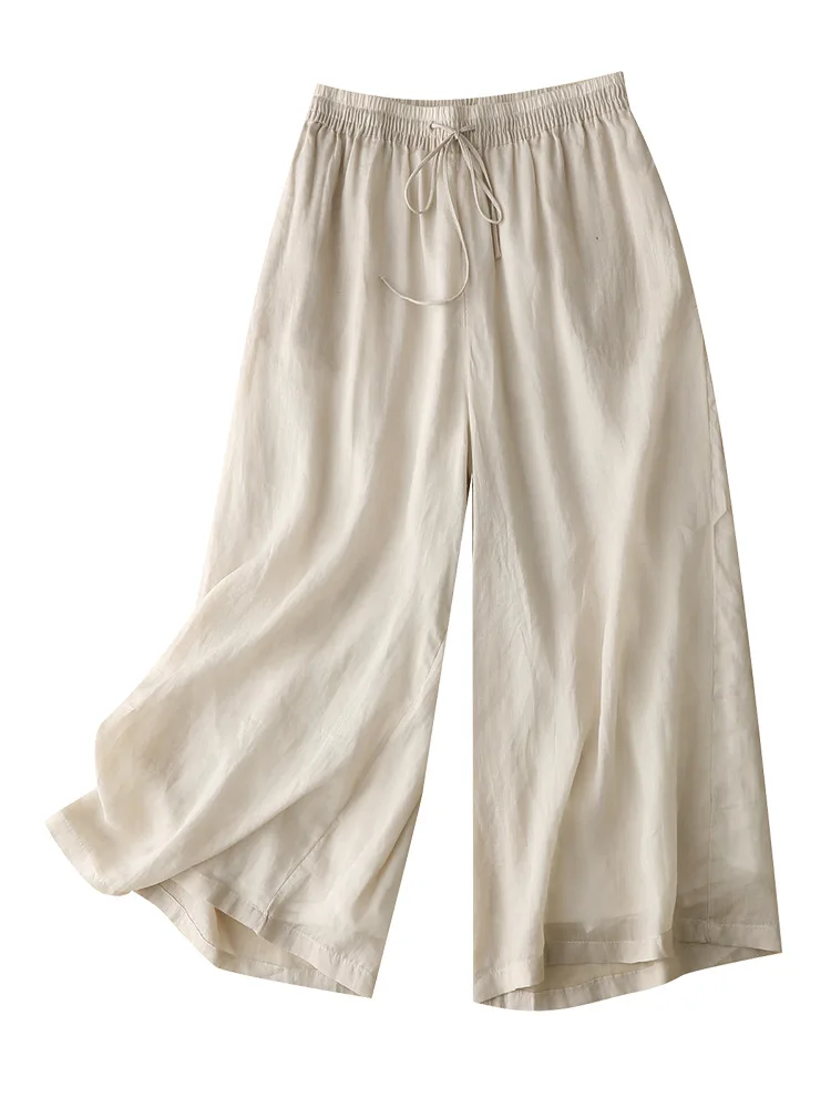 

100% Ramie Wide Leg Airy Linen Cropped Pants Women Summer Thin Capri Pants Calf Length Loose Breathable Elastic Band Trousers