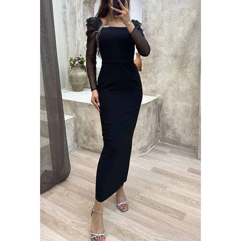 Sexy See-through Slim-fit Hip Wrap Dress Square Collar Black Dress Party Club Dress LongDress Formal Commuter Long-sleeved Dress