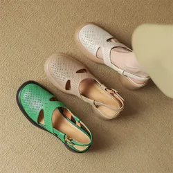 Sheepskin Summer Sandals Round Toe Hollow Out High Heel Sandals for Women Platform Sandals Zapatos Mujer Chunky Heel Shoes Green