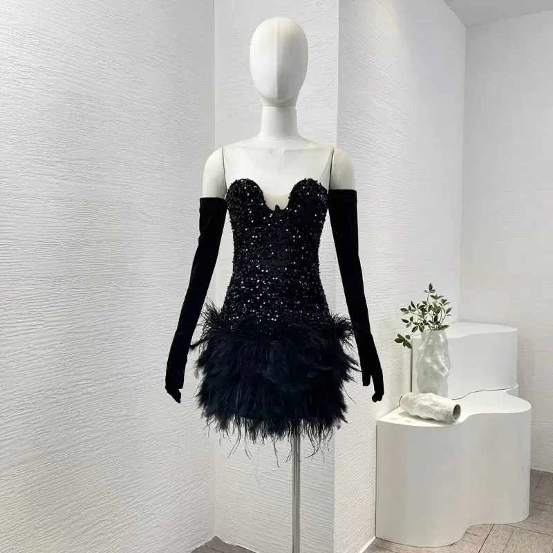 

Women's Black Mini Dress Long Sleeve Feather Sequins Diamonds Sexy Style Tube for Party New High Quality 2024