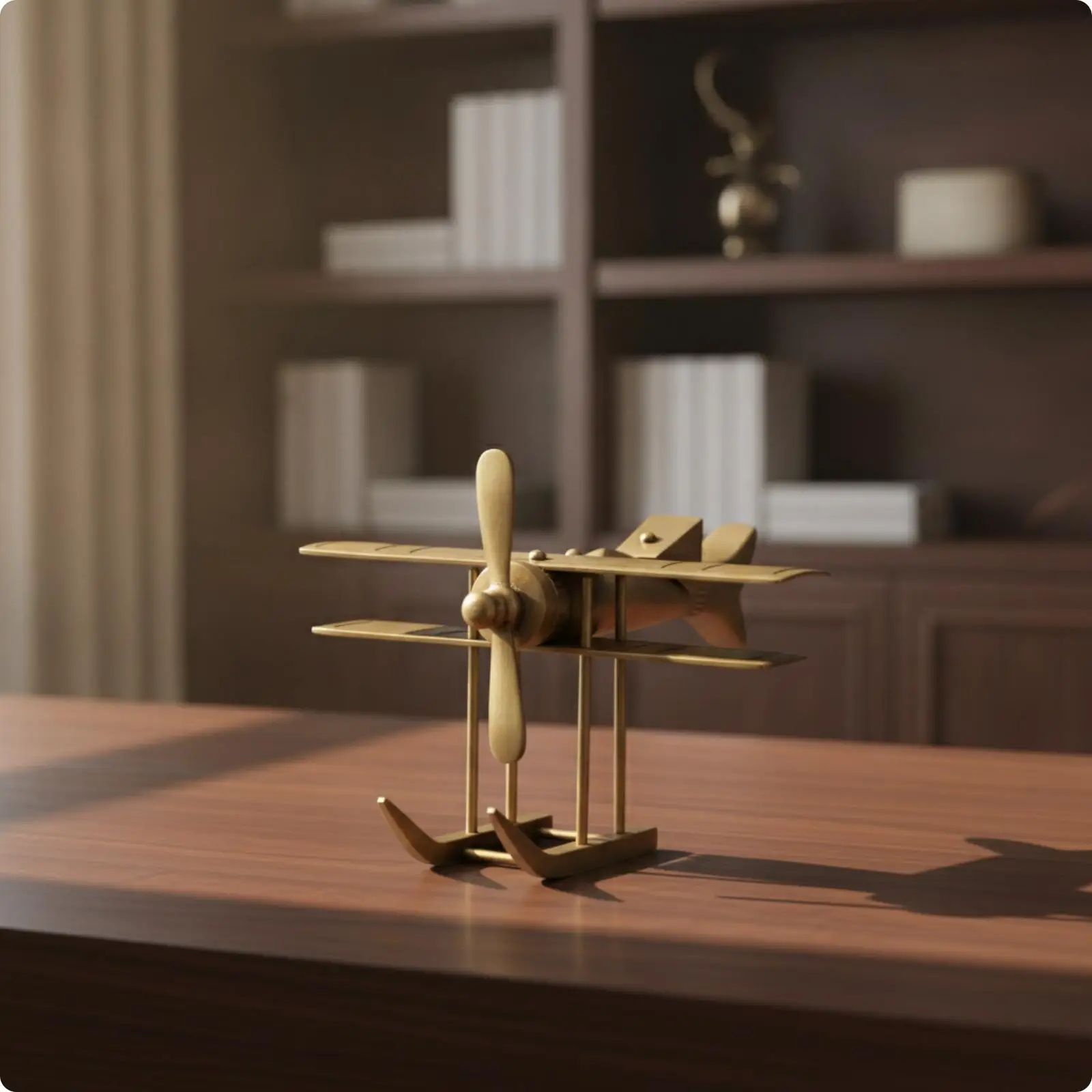 Retro Brass Airplane Decor Metal Biplane Sculpture Vintage Aviation Figurine Compact Ornament for Shelf Desk Home Accent