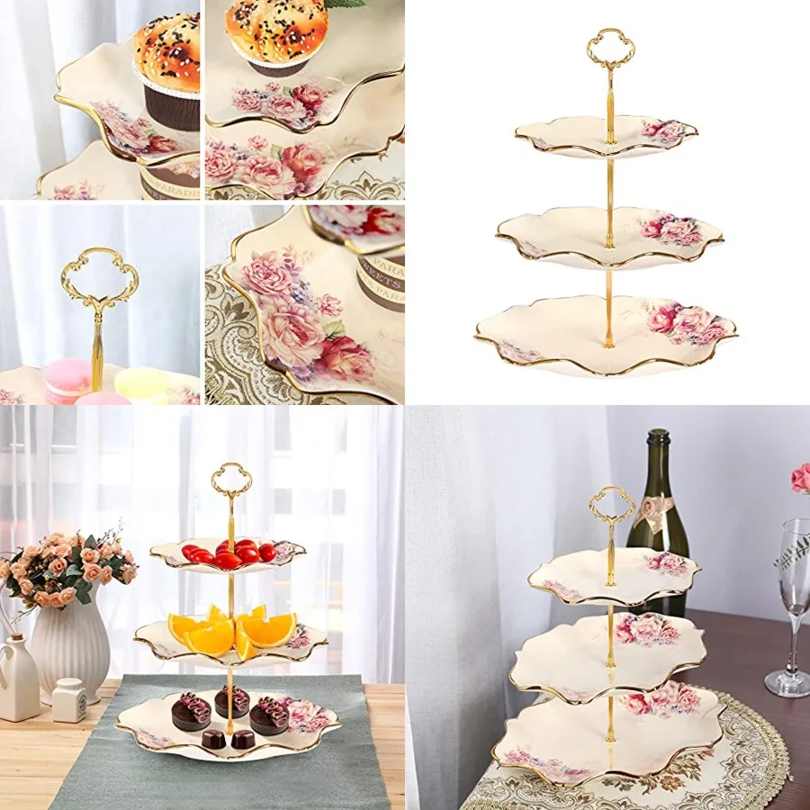 

3-Tier Floral Royal Cupcake Stand, Vintage Fruit Plate with Gold Trim, Dessert Stand for Birthday, Wedding, Tea Party