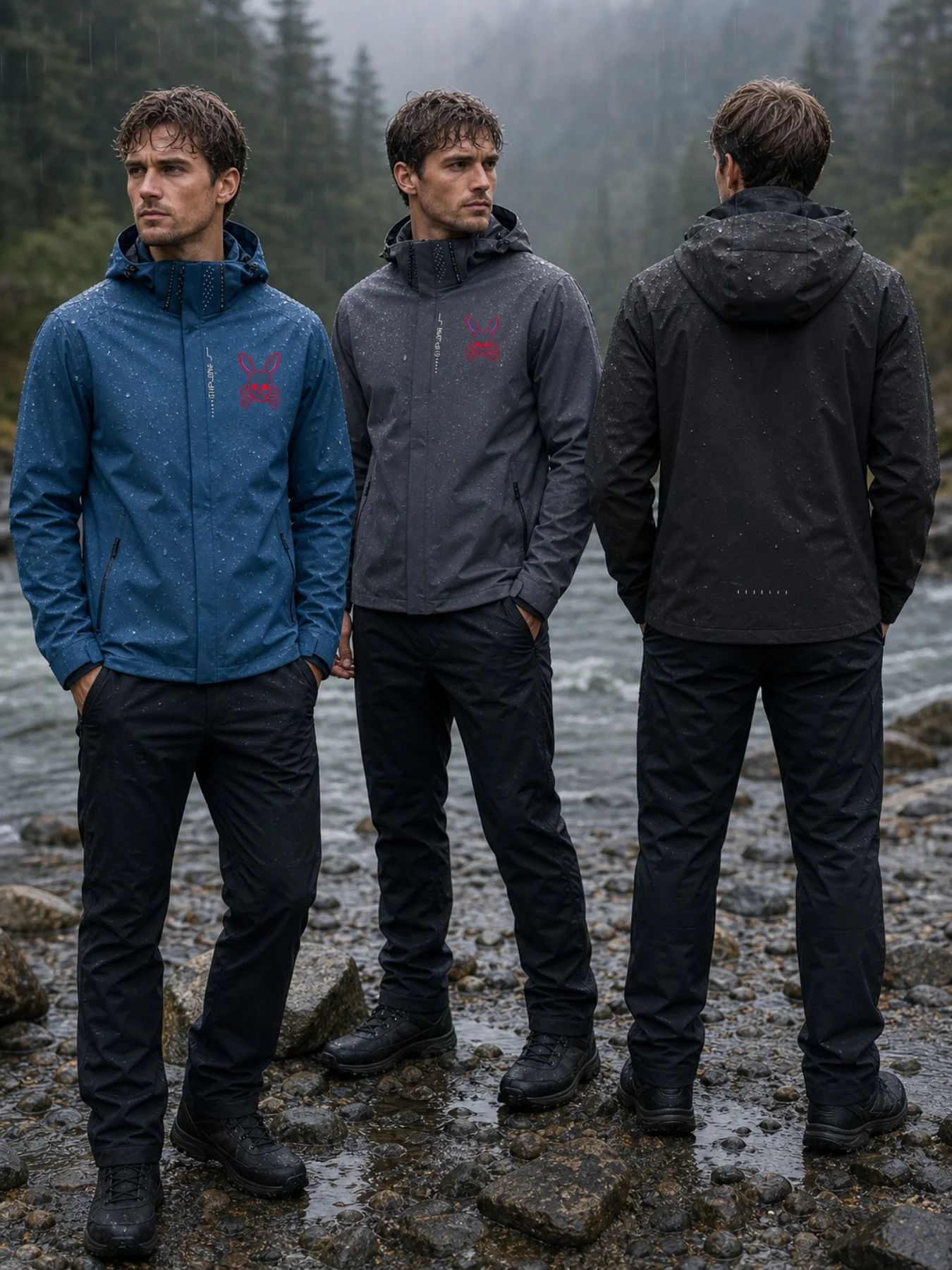 Spring Autumn outdoor hooded waterproof jacket, skull rabbit printed trendy brand jacket, zipper windproof durable coat