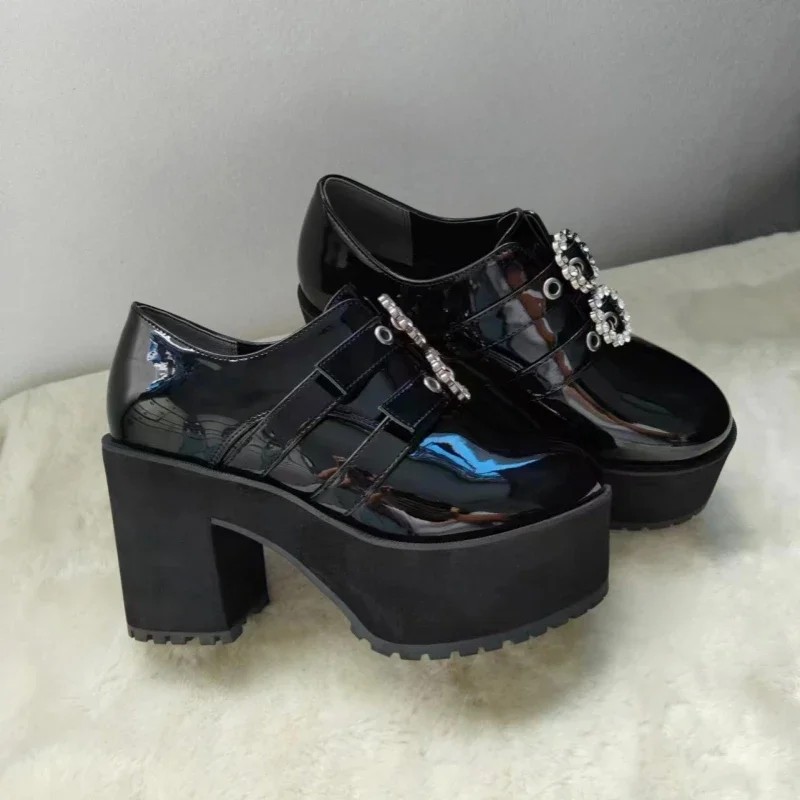 2024 Japanese Y2k Mine Series Round Drill Buckle Platform Heels Deep Mouth Patent Leather Student High Heels Uniform Women Shoes