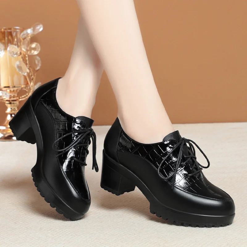 Deep Mouth Soft Leather Shoes Women Oxfords Platform Pumps High Heels Shoes Black Lace up Office Work Pumps Shoes