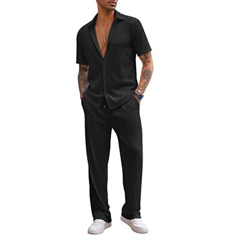 Men\'s 2-piece Casual Short-sleeved Button-up Shirt Beach Summer Loose Pants Suit