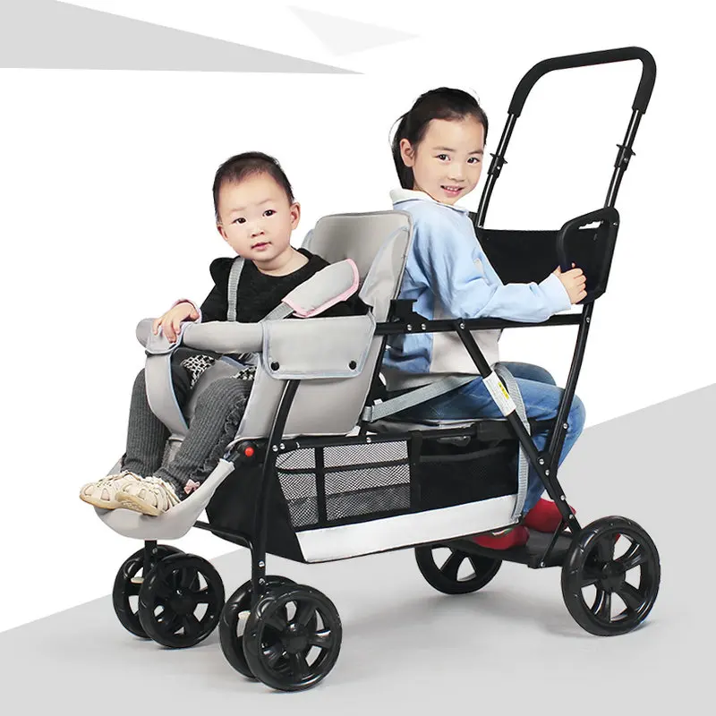 Sit And Stand Tandem Stroller, Lightweight Twins Carriage With Toddler Platform, Suit For 0-7 Ages Kids