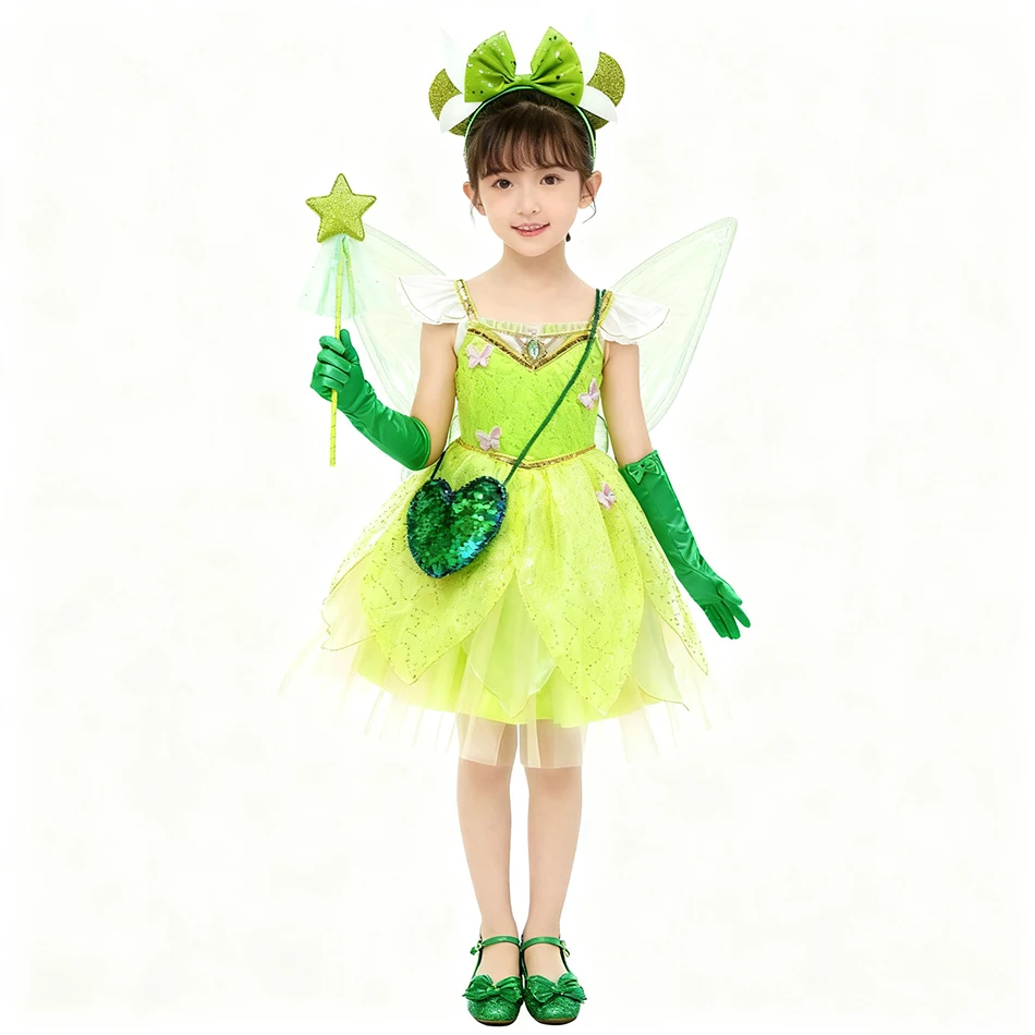 ティンカーベル-ロールプレイドレス-子供用-女の子-フェアリーコスチュームドレスセット-羽根付き-魔法の杖-エルフ耳-ハロウィンパーティーコスチューム