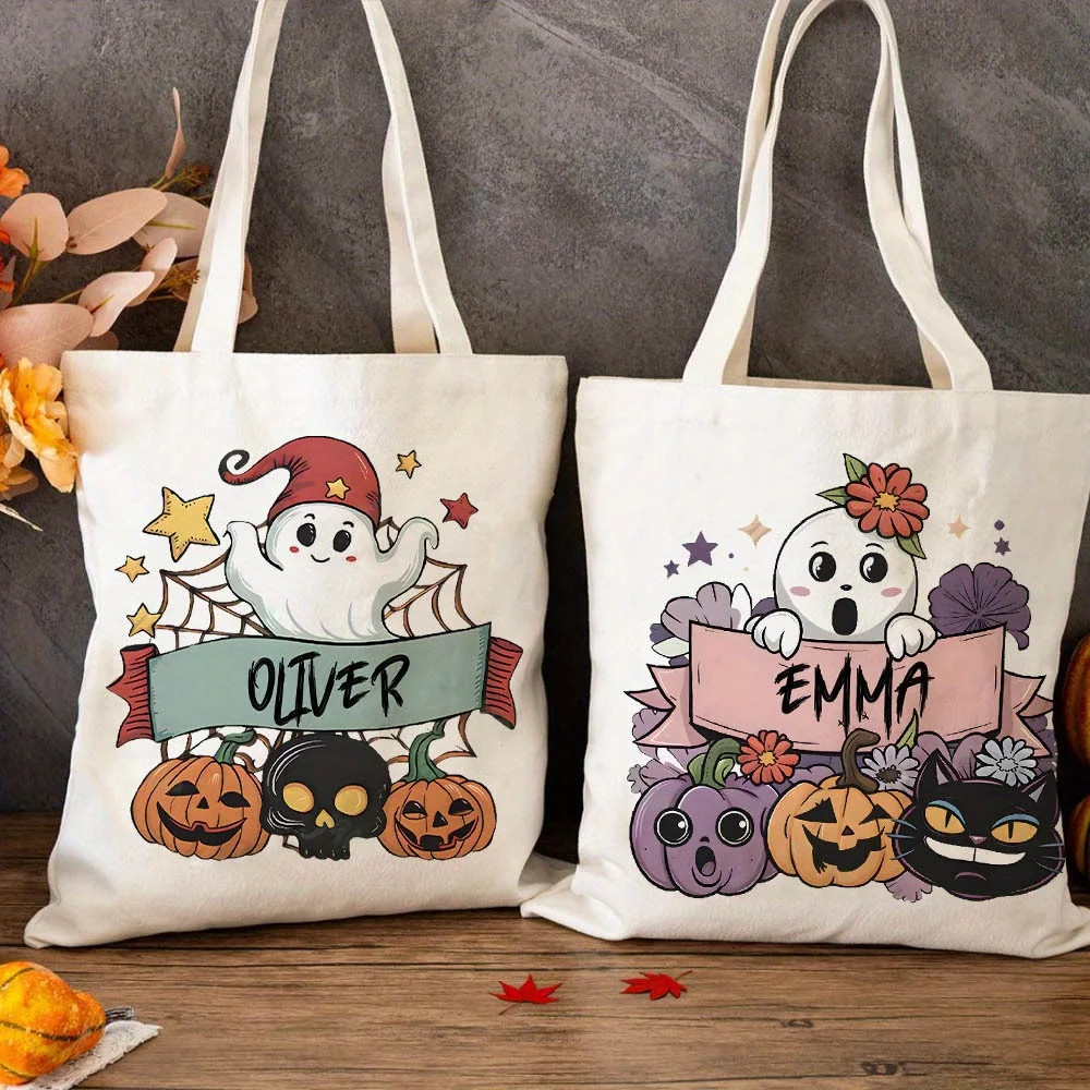 Customized Name Halloween Canvas Tote Featuring a Spooky Pumpkin Design, Perfect for Collecting for candy During The Fall Season