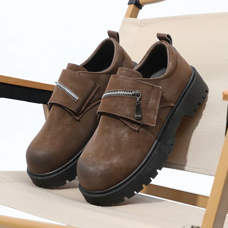 Mens New Spring Round Toe Chunky Derby Boots Black Wide Fit Height Increase Platform Sole Side Zipper British Retro Casual Shoes