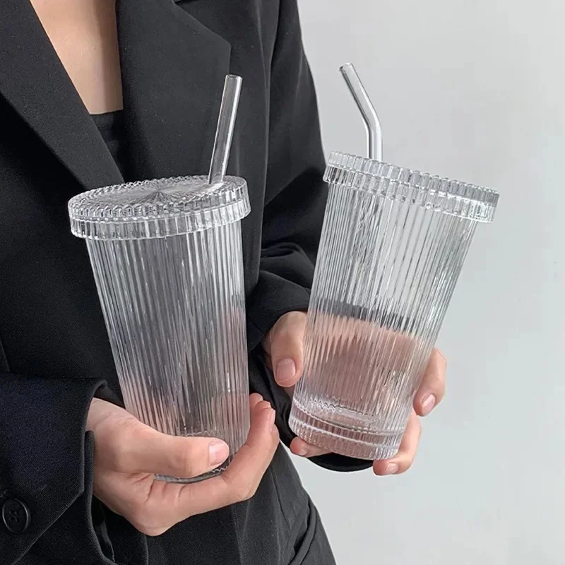 375ml Stripe Glass Cup Clear Ice Coffee Mug with Lid and Straw Bubble Tea Cup Juice Glass Beer Can Milk Mocha Cups Drinkware