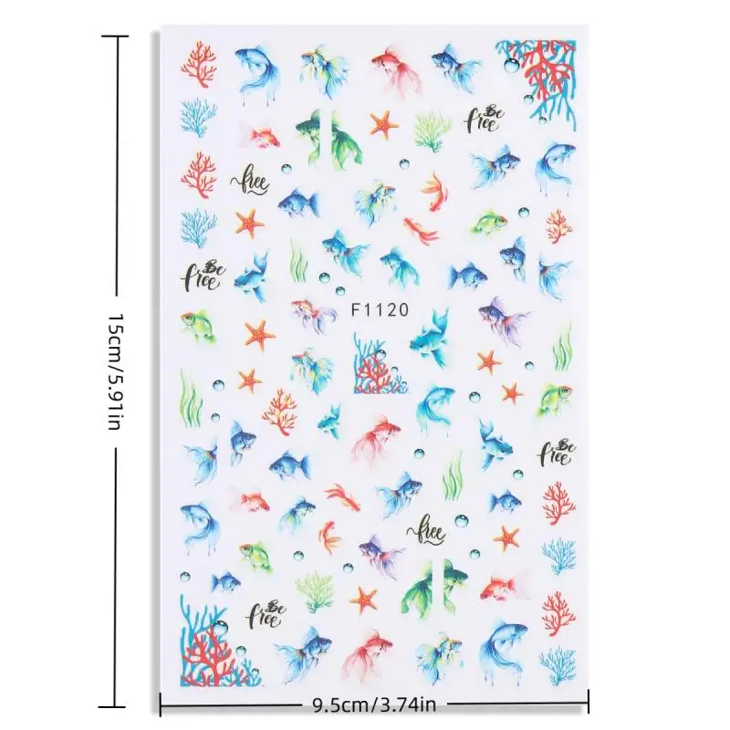 1 시트 홀로그램 해파리 돌고래 네일 아트 스티커 3D 인어 오션 쉘 네일 데칼 접착제 오션 비치 디자인 손톱