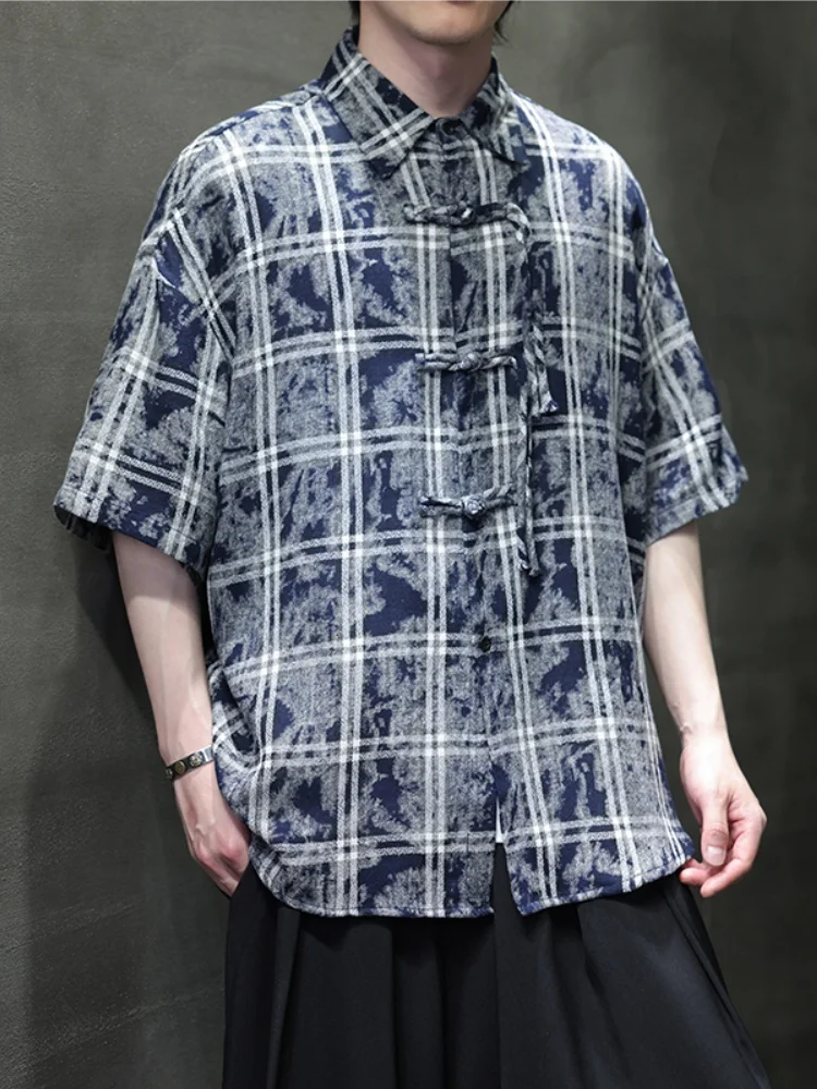 

Новая китайская мужская рубашка с коротким рукавом, летняя, модная, брендовая, в стиле ретро, в клетку, в стиле Тан, Ханьфу, тонкая, дышащая, легкая.