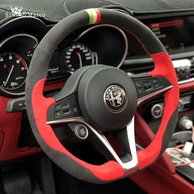 

Customized Real Alcantara for Alfa Romeo Giulia Stelvio DIY Hand Sewn Steering Wheel Handle Cover Interior Cover