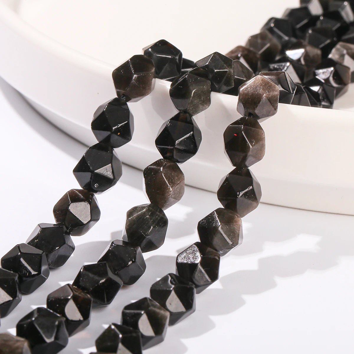 Faceted Natural Stone Silver Obsidian Beads Loose Spacer Gemstone 6 8 10mm for Jewelry Making DIY Necklace Bracelet Accessory