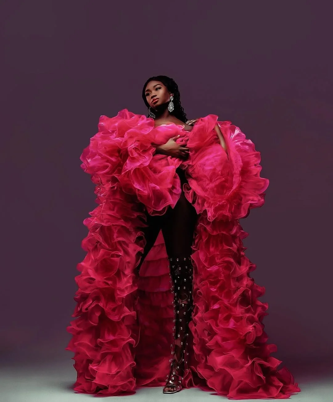 Fashionable Fuchsia Ruffled Organza Long Cape Maternity Coat Photoshoot Long Jacket Women Photography Capes Puffy Organza Baby S