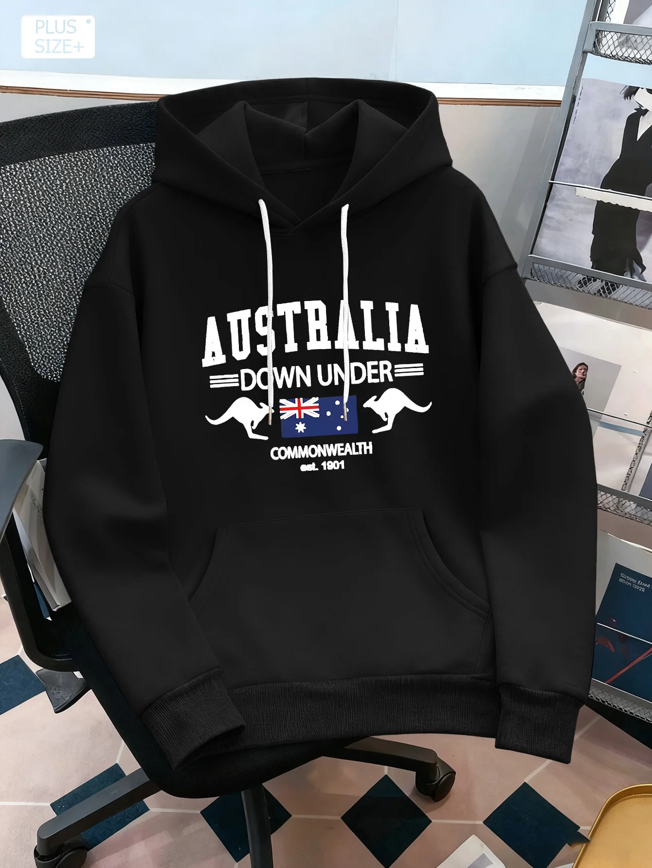 Commonwealth Australia Print Herren-Hoodie in Burgunderrot mit Känguru- und Australien-Flagge, weicher, lockerer Kapuzenpullover für den Alltag und Reisen – Detail 4