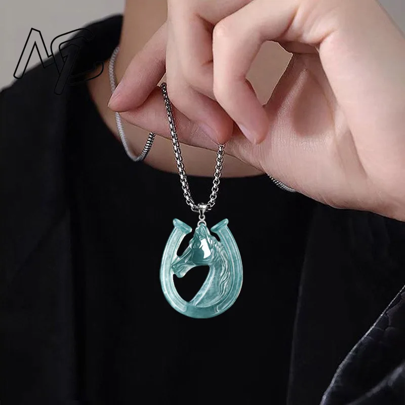 S925 Silver Natural Blue Water Jade Horse's Hoof Pendant Necklace Carved Charm Jadeite Jewelry Fashion Amulet Gift Certificate view 4