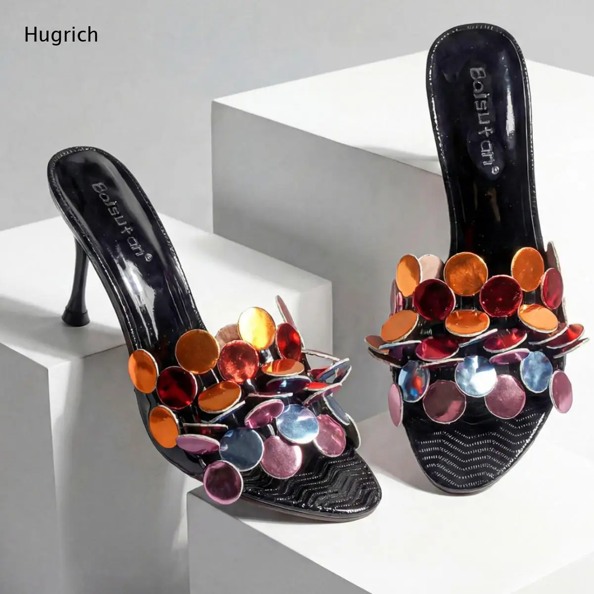 High-Heel Mules Adorned with Colorful Sequin Discs Featuring Peep-Toe Design and Stiletto Heel Glamorous Party-Ready Style