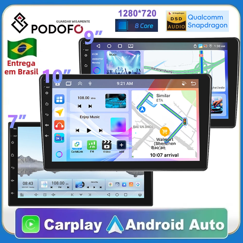 Podofo carplay android rádio do carro 2 din reprodutor multimídia 7 "9" 10 "gps do carro estéreo wifi sistema inteligente para ford kia nissan