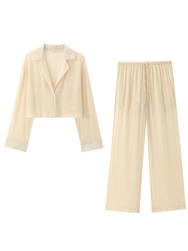 KAOPU ZA Women flowing semi-sheer cropped shirt and with tied mid-rise pyjama-style trousers two pieces sets mujer