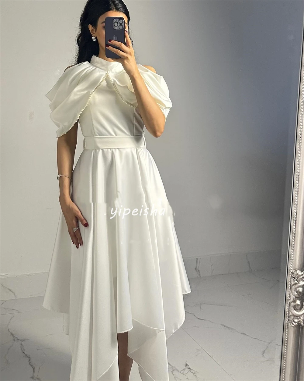 Eenvoudige Chiffon Kriskras Kralen Sash Plooi Ruches Asymmetrische Juweel Midi Jurken Quinceanera Dressesv Moderne Stijl Mode