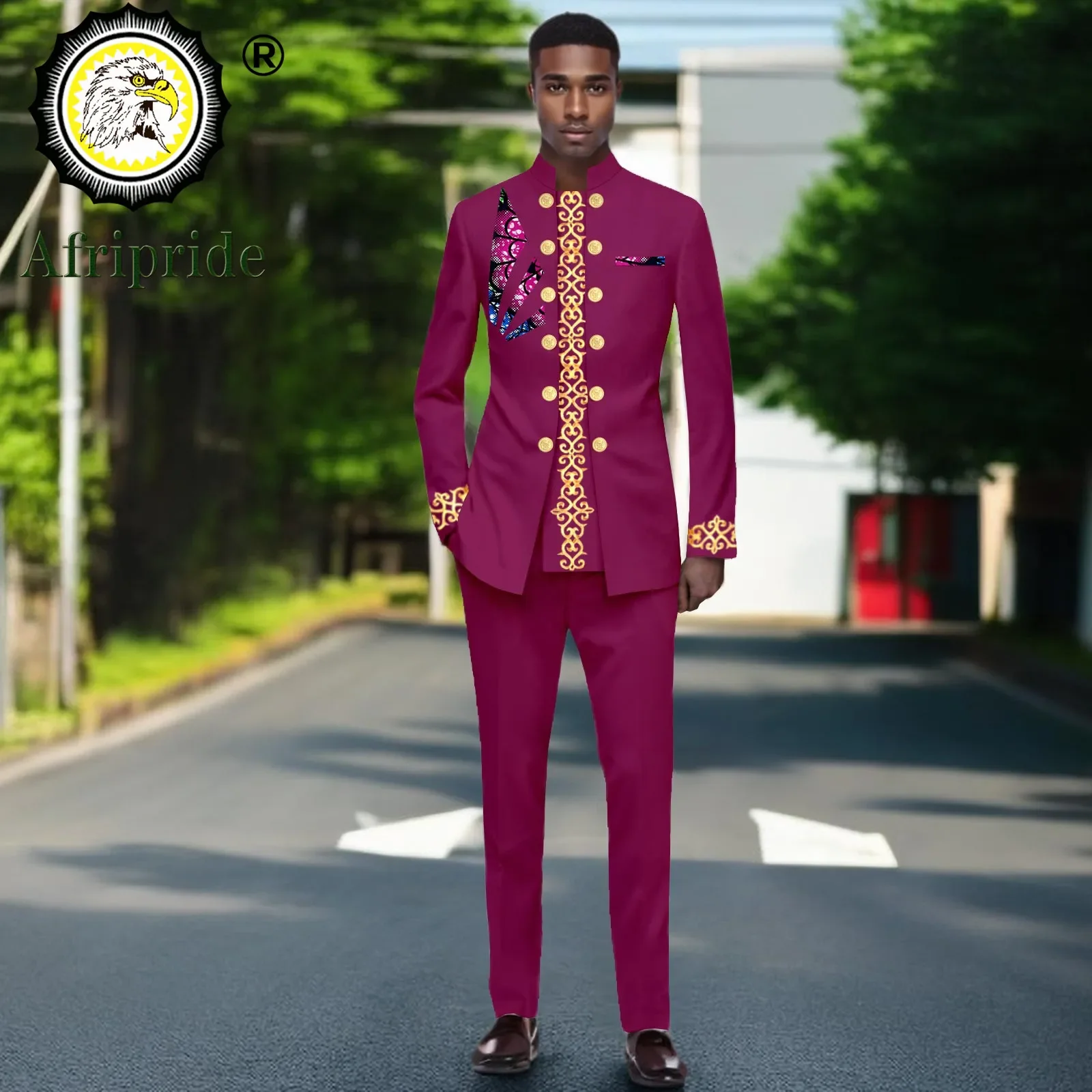 Traje ajustado de dos piezas para hombre, conjunto de Blazer y pantalones bordados de doble botonadura, vestimenta tradicional africana, 2416066