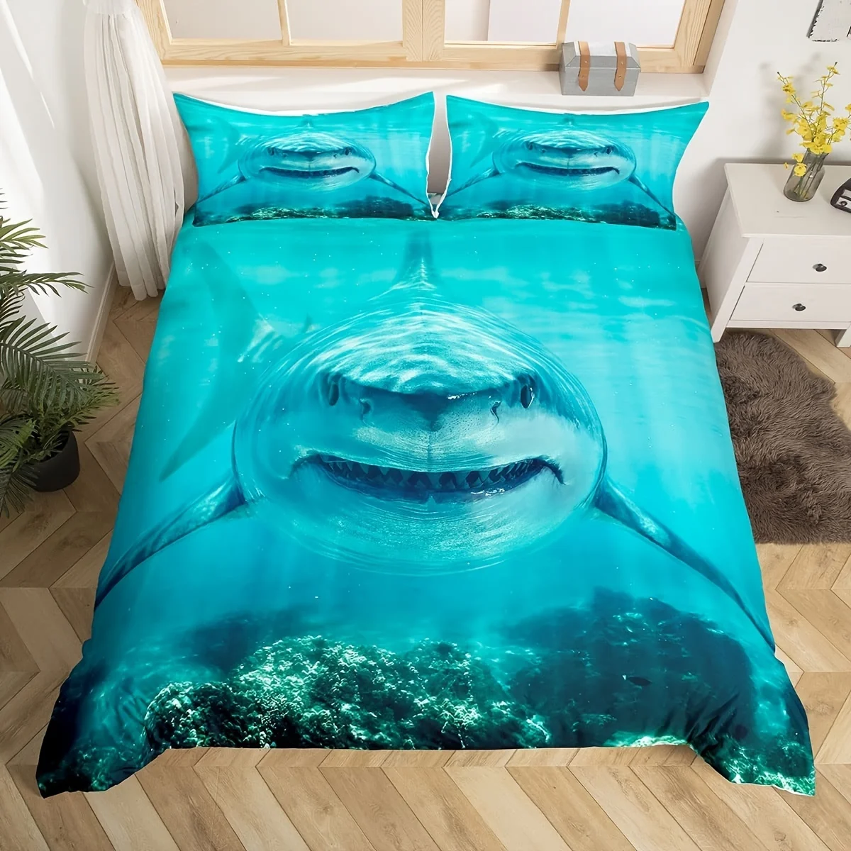 

3pcs Vibrant 3D Shark Bedding Set - Soft, Ocean-Inspired Duvet Cover with Shark Fish Print, Breathable, Hypoallergenic,No Filler