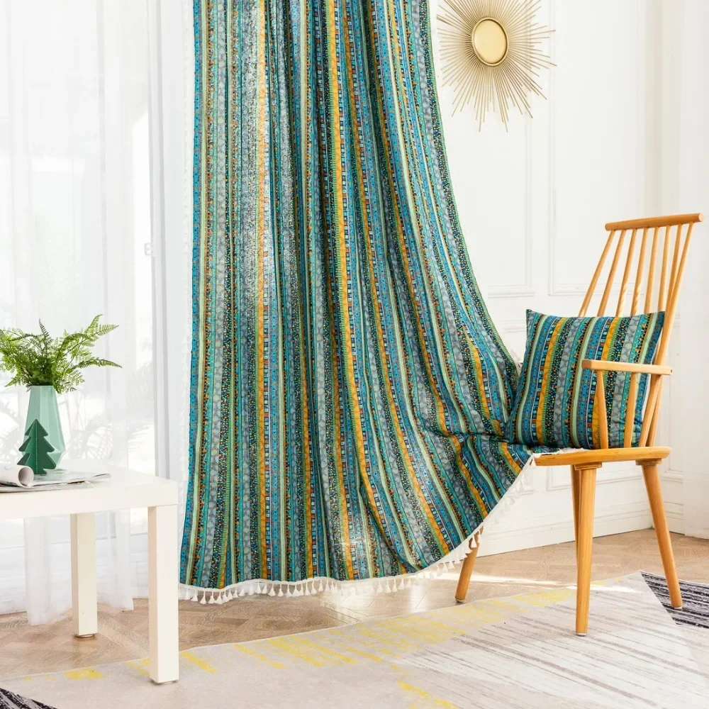 Japanese Finished Artistic Striped Semi Blackout Curtains Bedroom Partition Cotton and Linen Curtains Kitchen Coffee Curtain