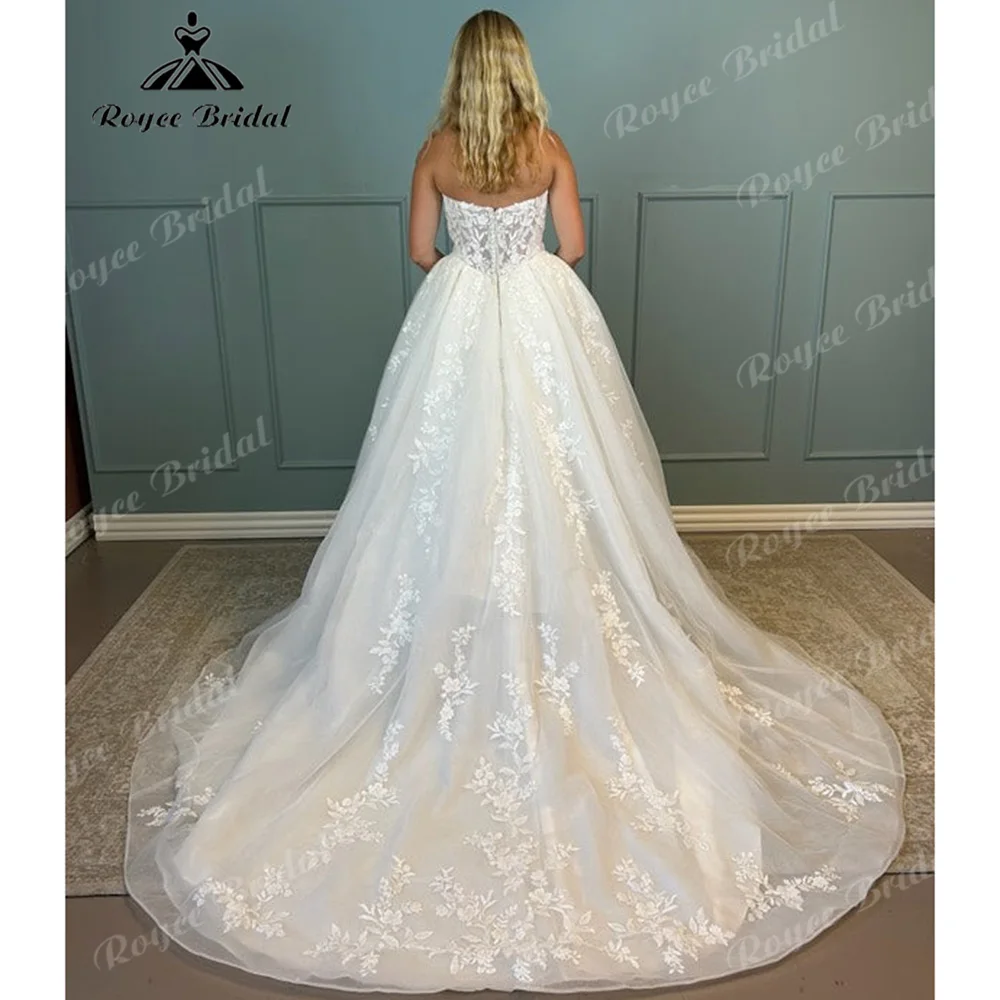 2027 Strapless Sweetheart Ball Gown Wedding Dress Sheer Corset Bodice Floral Lace Appliques Tulle Vestido De Novia Customized