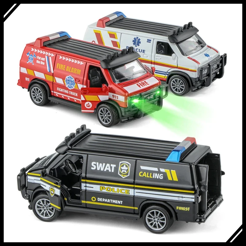 

1:16 Alloy Police Ambulance Fire Rescue Car Sound Light Simulation Vehicle Kids Toy with Music Flashing Lights Birthday Gift