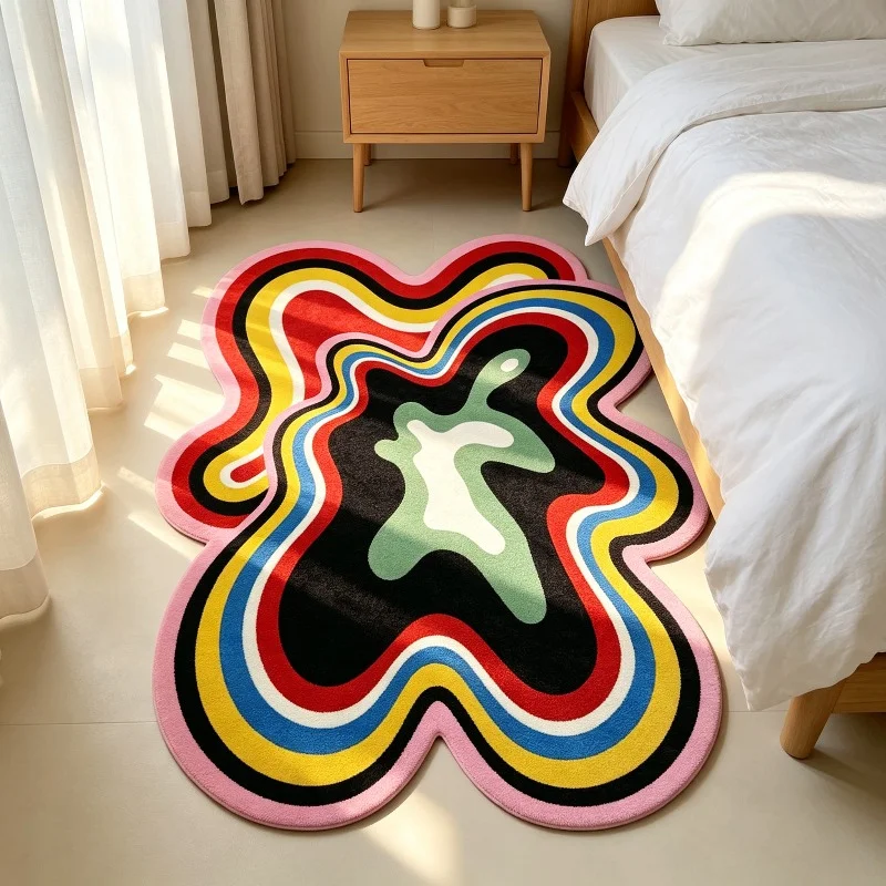 Dopamine Colorful Wavy Irregular Rug Retro Abstract Art Floor Mat Unique Plush Decor Rug for Living Room Bedroom Bedside