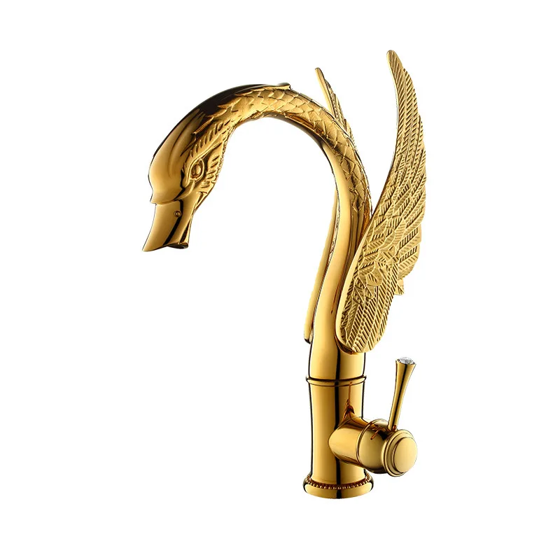 Top Quality Patent Golden Brass Artistic swan Bathroom sink faucet 1 Hole 2 Handle Copper luxury Basin mixer Tap Cold hot,Gold