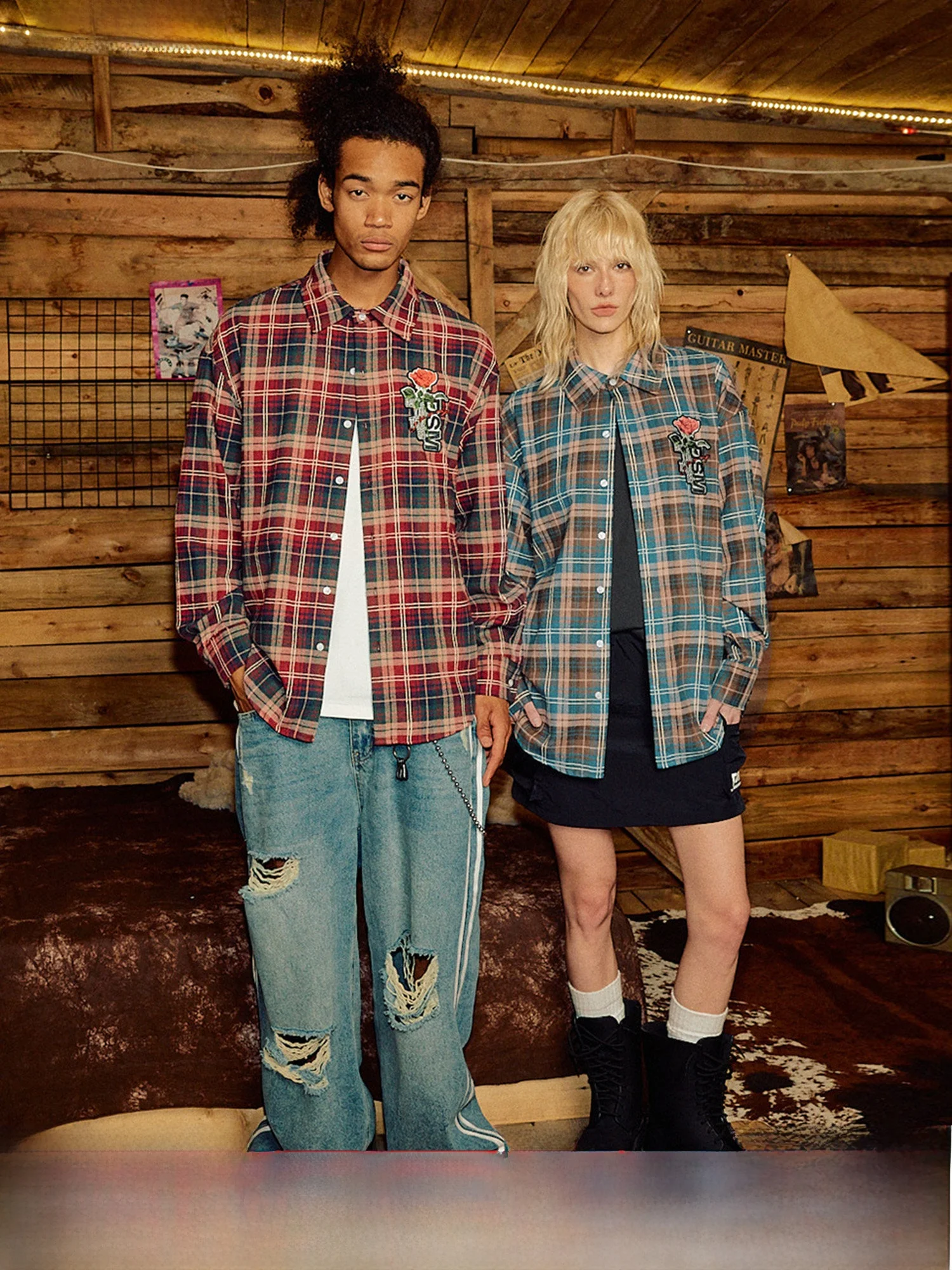 

Done Castle Rose Embroidery Waed Vintage Plaid irt Youth Cotton Polyester Blend Long Sve Button up Casual irt