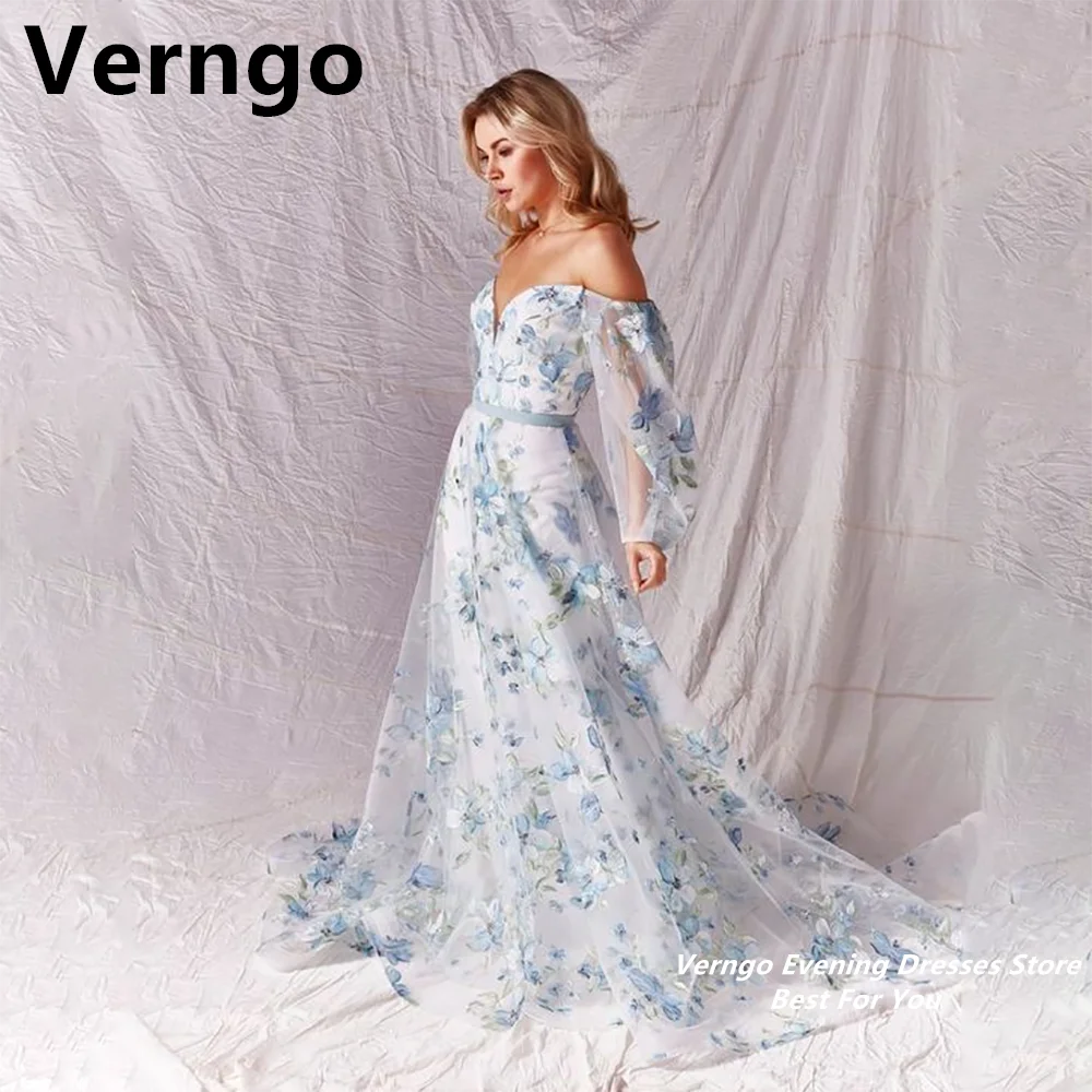 Verngo-Robe de Bal Longue en Dentelle, avec Ceinture à Fleurs, Ligne A, Longueur au Sol, Personnalisée, pour Soirée de Mariage