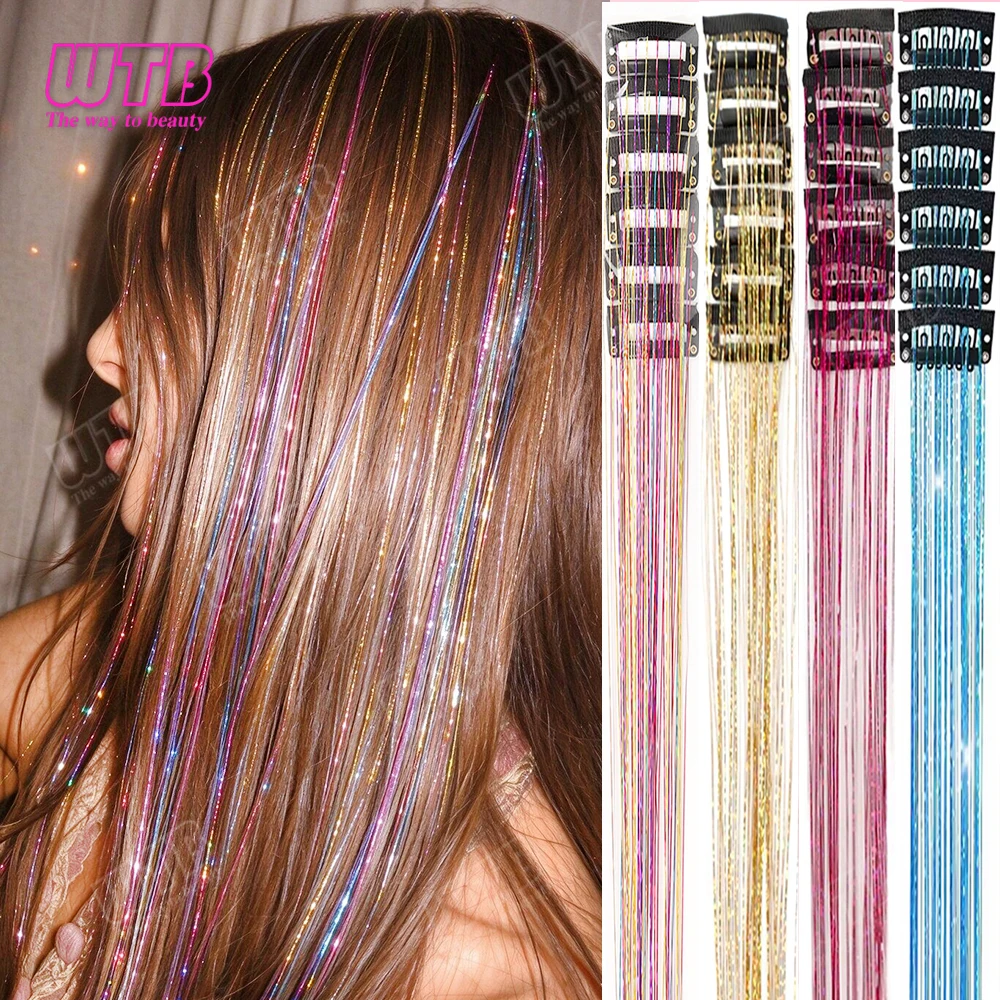Synthetic 12pcs/Pack Fashion Shiny Gold Foil Tassel Hair Clips Straight Hair Extensions, Suitable For Daily Party Hair Christmas