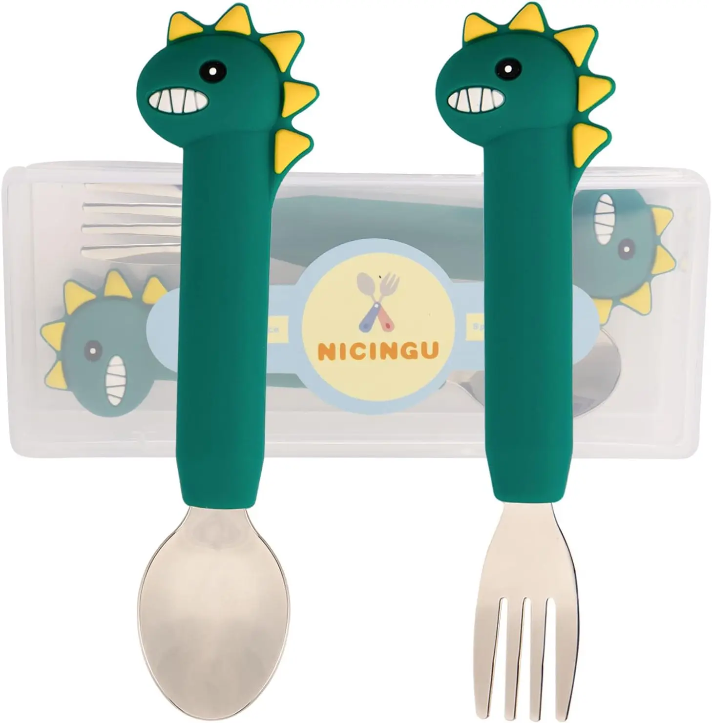 Toddler Utensils,Baby Spoons Fork Sets, Silverware with Silicone Handle,Dinosaur Toddler Spoons Forks-Blue