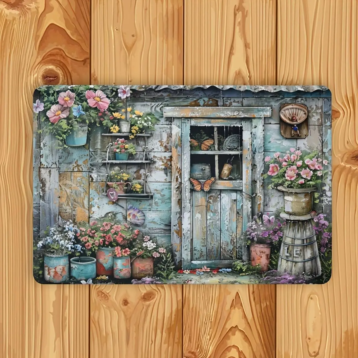Rustic Country Flower Pot Metal Sign - Cottage Style Wall Decor with Pastoral Butterflies and Floral Design - Iron Artwork for H