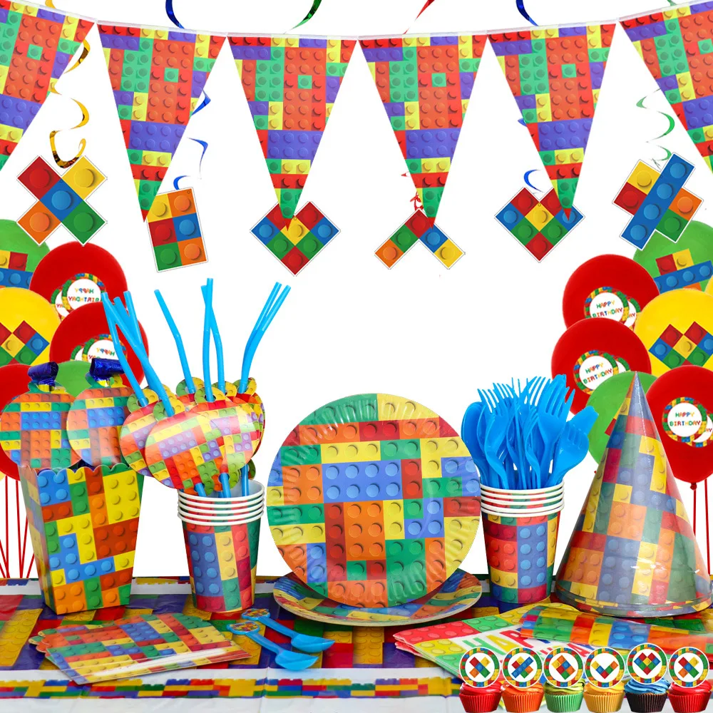 10pcsChildren Lego Building Theme Event Party Paper Plate Paper Cup Tablecloth Banner Decoration Set Birthday Party Decorations