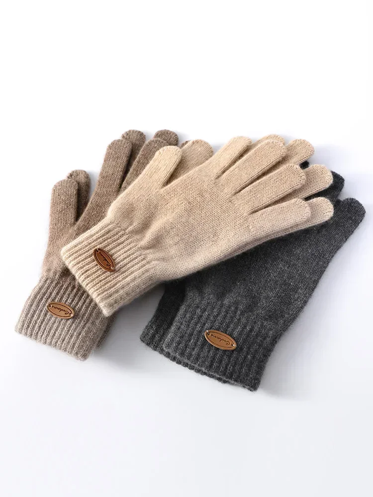 Women 100% Real Cashmere Knitted Thick Gloves Ribbed Cuff Fall Winter Touchscreen Finger Warm Wrist Length Classic Female Mitten