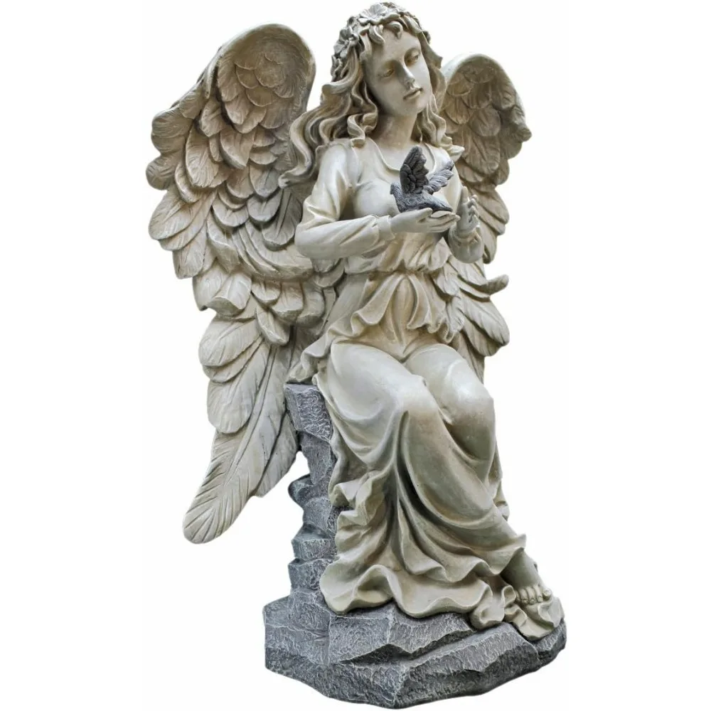 Rock Angel and Bird Outdoor Garden Statue, 13 inches x 8.5 inches x 19 inches, two tone stone