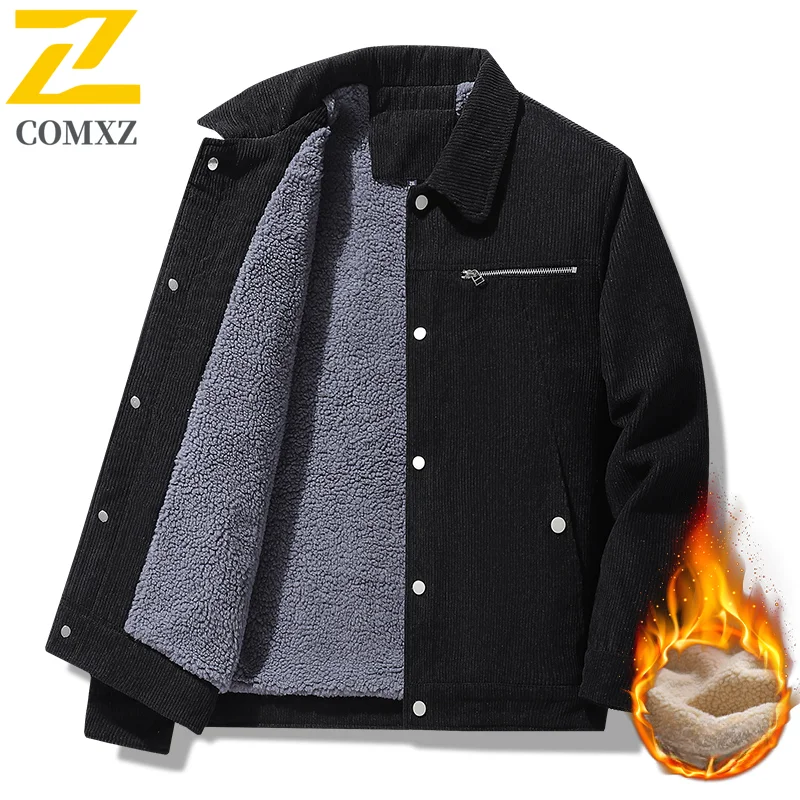 Autumn Winter Mens Warm Jacket New Solid Color Fashion Chest Zipper Trim Design Male Casual Business Lapel Top Man Corduroy Coat