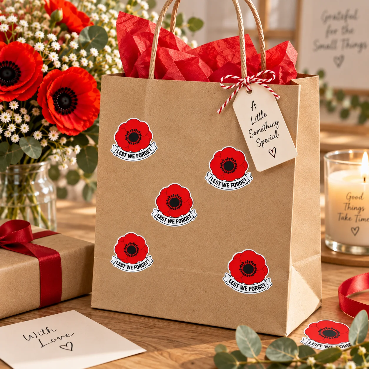 Remembrance Poppy Stickers 120Pcs Lest We Forget Self Adhesive Paper Stickers Red Poppy Flower Decal for Remembrance Day Memoria