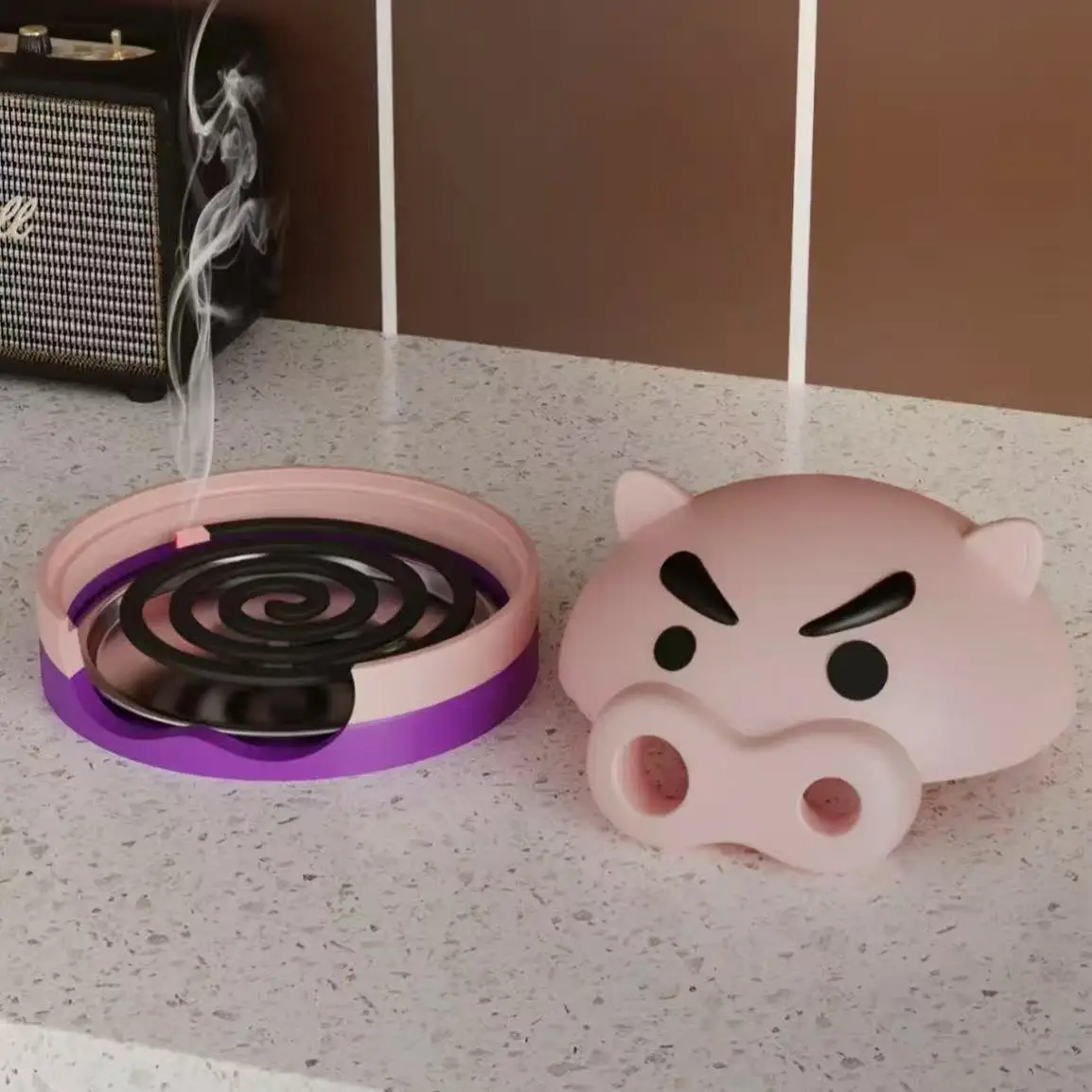 Cute Pig Mosquito Coil Holder with Plastic Windproof Lid, Detachable Metal Fireproof Tray for Home Patio