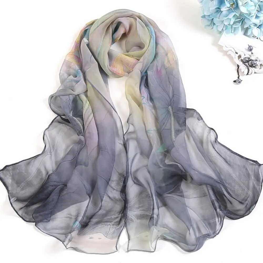 

Fashion Floral Printing Silk Scarf Lotus Leaf Breathable Women Foulard Smooth Long Wraps Women
