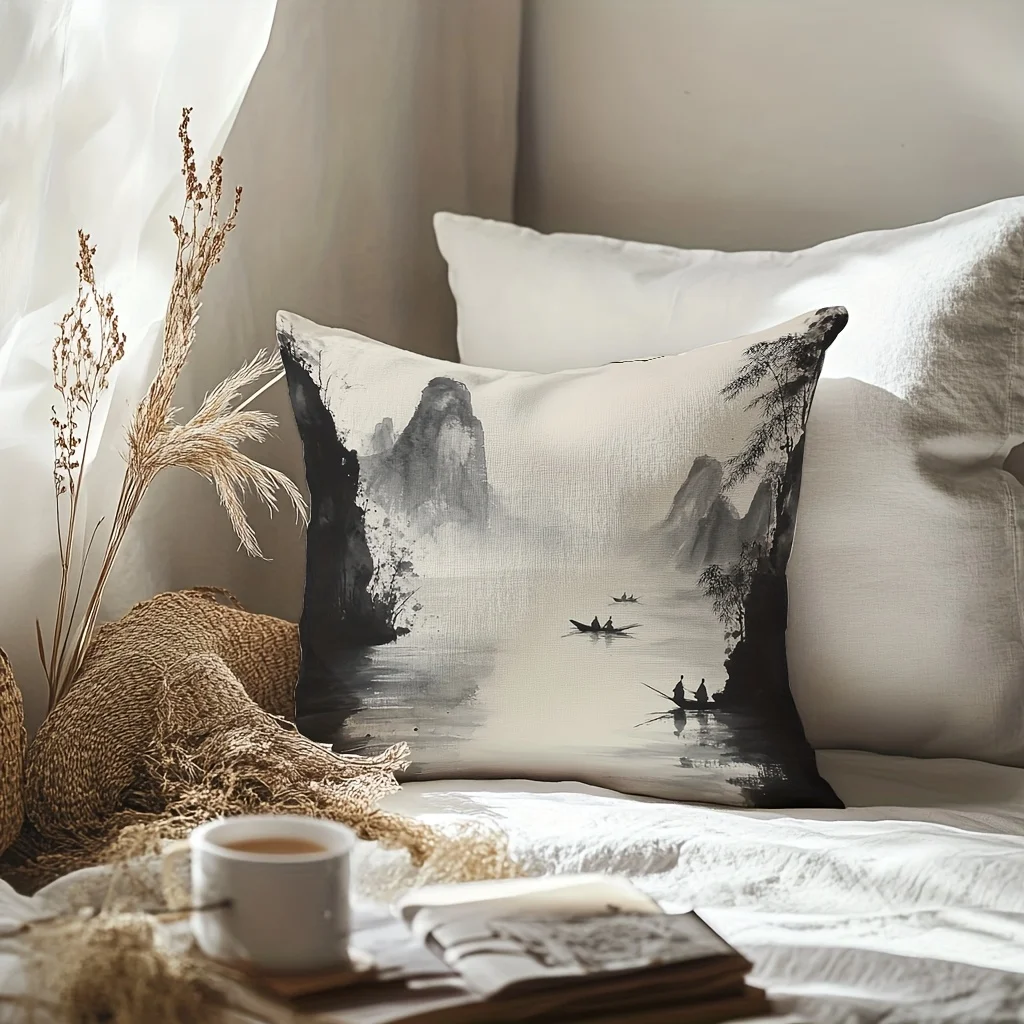 Ink wash painting style pillowcase with misty river and small boat design, suitable for bedroom and living room.