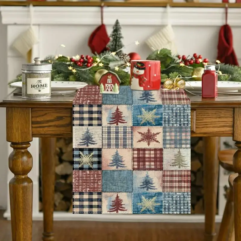 VIKAMA Christmas Table Runner Plaid Patchwork Xmas Tree Snowflake Dining Table Home Winter Holiday Party Decor