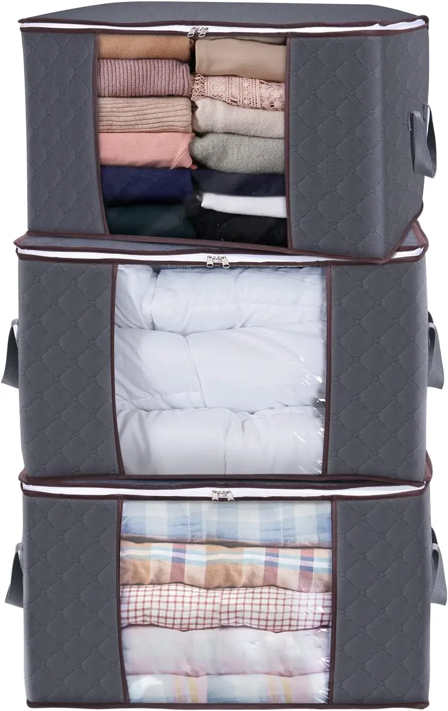 

3 Pack 90L Clothes Storage Bins with Lids, Foldable Blanket Storage Bags with Zippers, Clear Window and Reinforced Handles, Closet and Organization for Clothing, Sweater, Comforter, Bedding