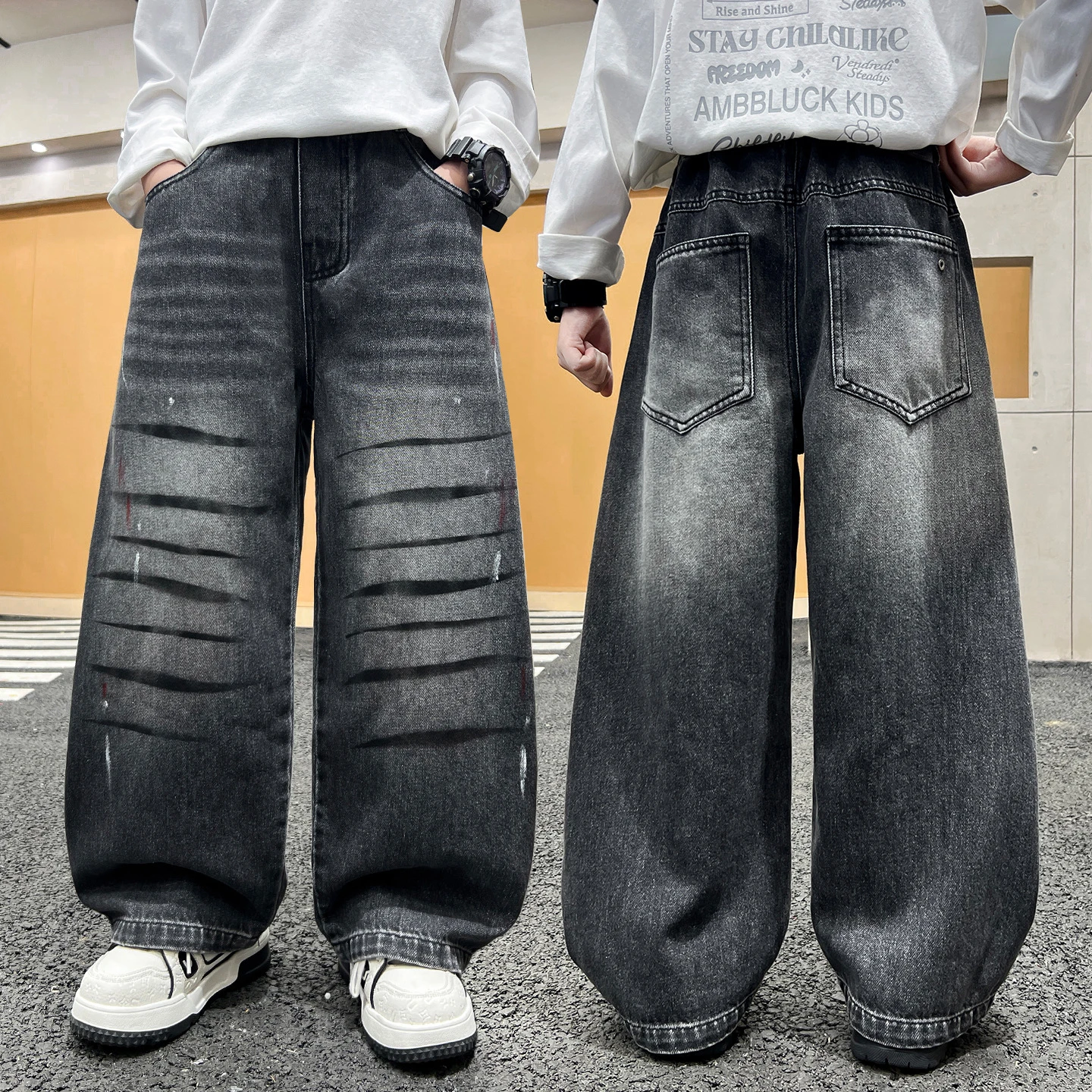 Autumn Teenage Boys Denim Pants Kids Fashion Letter Jeans Pants Spring Casual Loose Straight Trousers for 4-14 Years Old